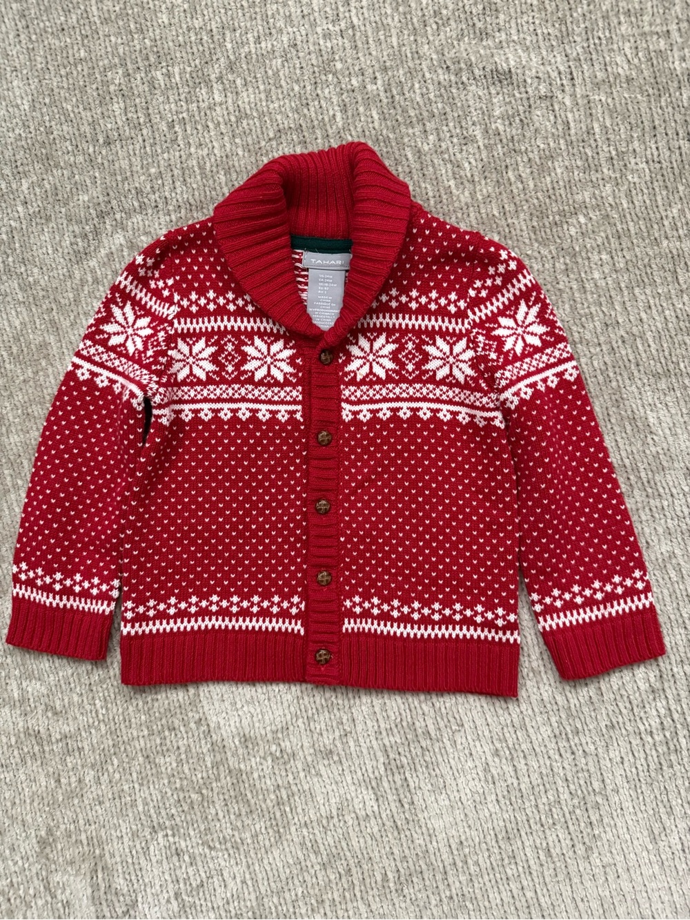 Tahari Baby Fair Isle Cardigan 24M Red White Snowflake Shawl Collar